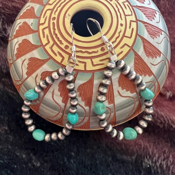 ❤️ Navajo 925 Desert Bead Turquoise Stone Teardrop Earrings 1.75” Native Made - Picture 1 of 8